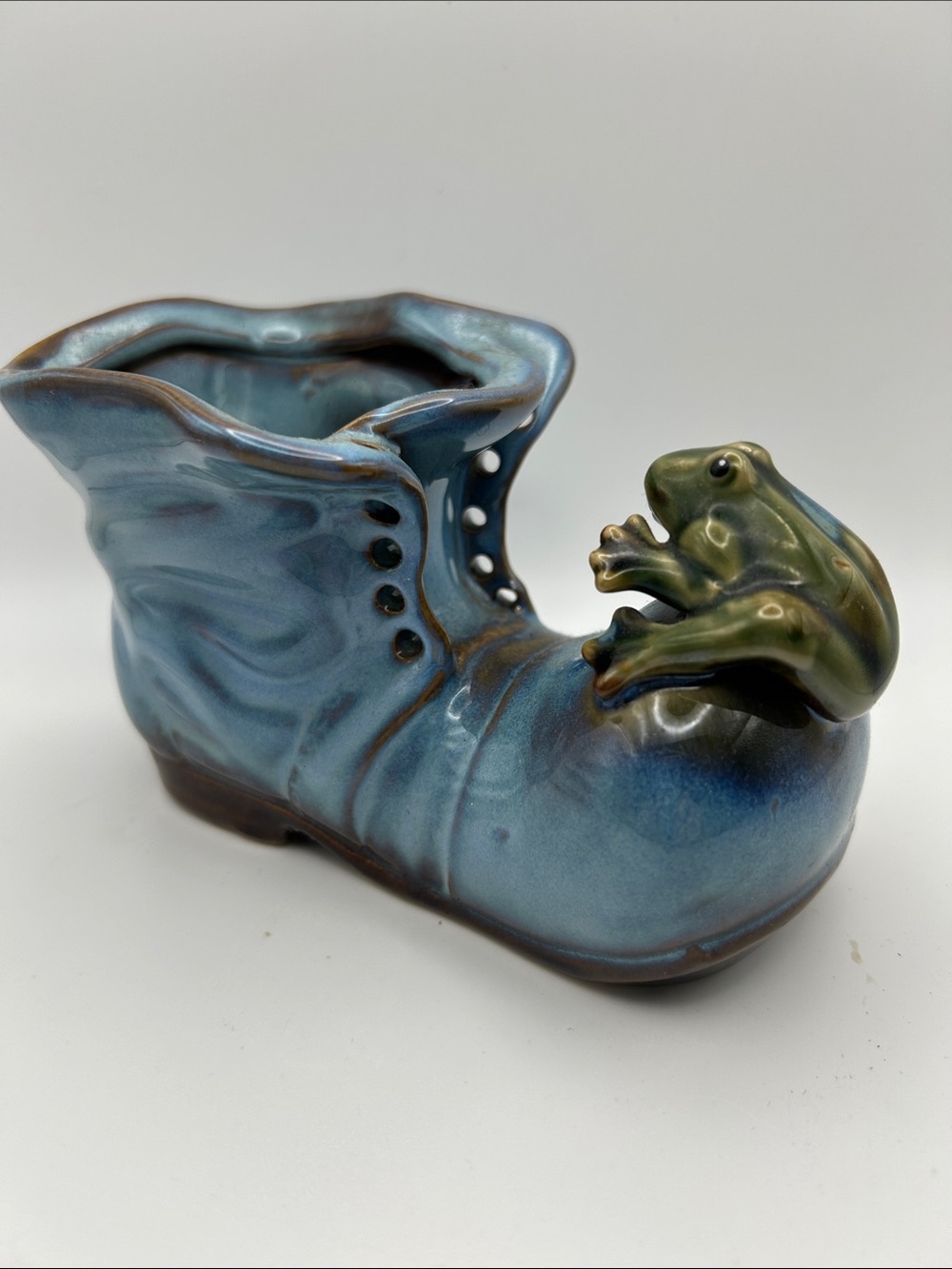 Vintage Blue Ceramic Frog on Shoe Planter - 5.25” x 3.5”